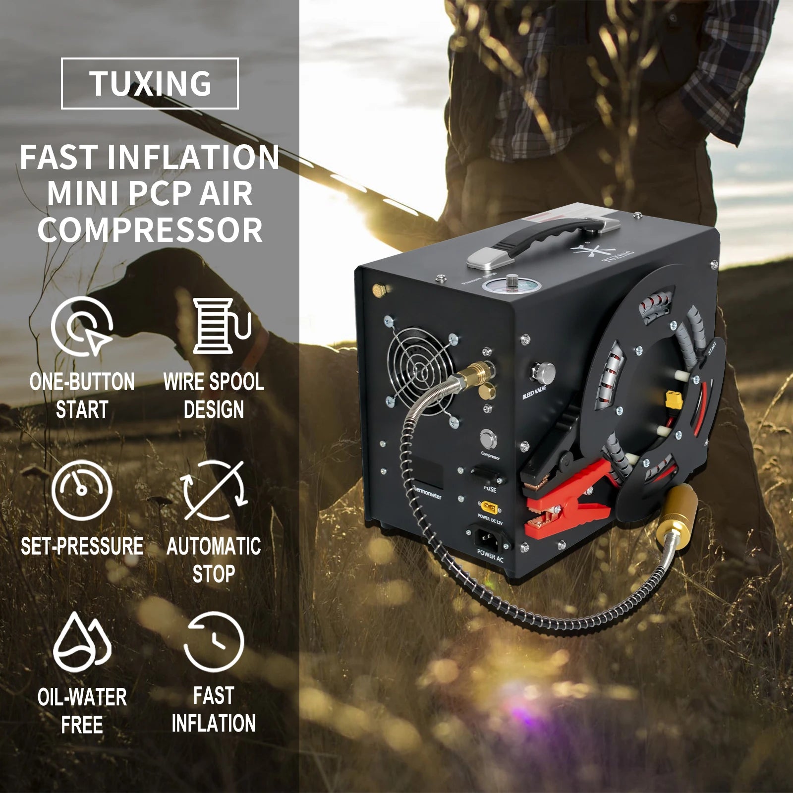 TUXING 300Bar 4500Psi PCP Air Compressor High Pressure Compressor with Built-in 12V Portable Power Adapter Fan Auto-stop TXES062
