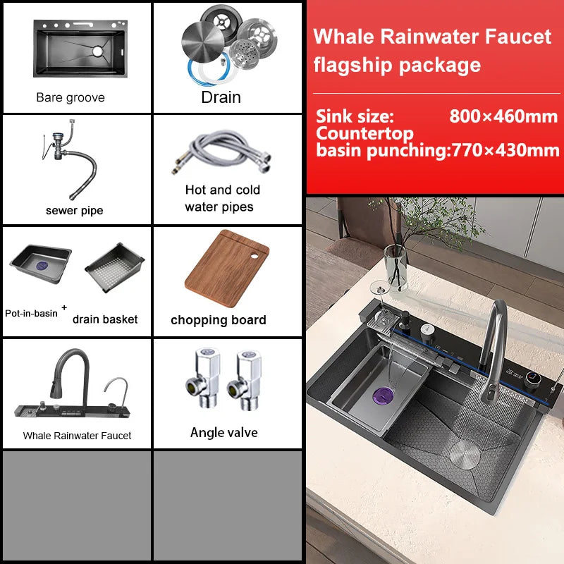 Stainless Steel Waterfall Kitchen Sink Embossed Single Bowl Digital Display Extra Large Multifunctional Washing Sinks 100x50cm