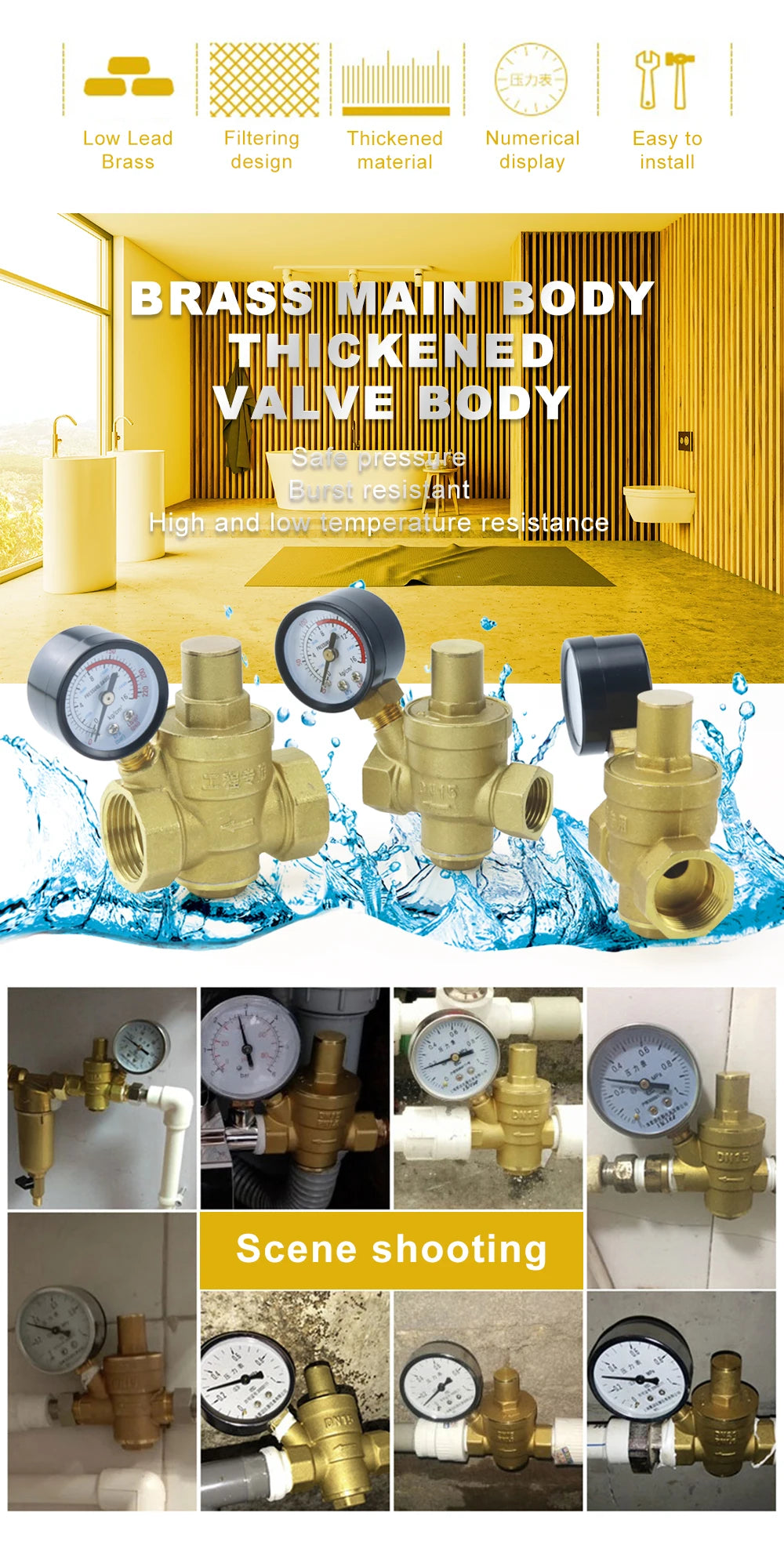 1/2" 3/4" 16bar Brass Water Pressure Regulator Reducer DN15 DN20 With Gauge Meter for Hydraulic Instability/Purifier