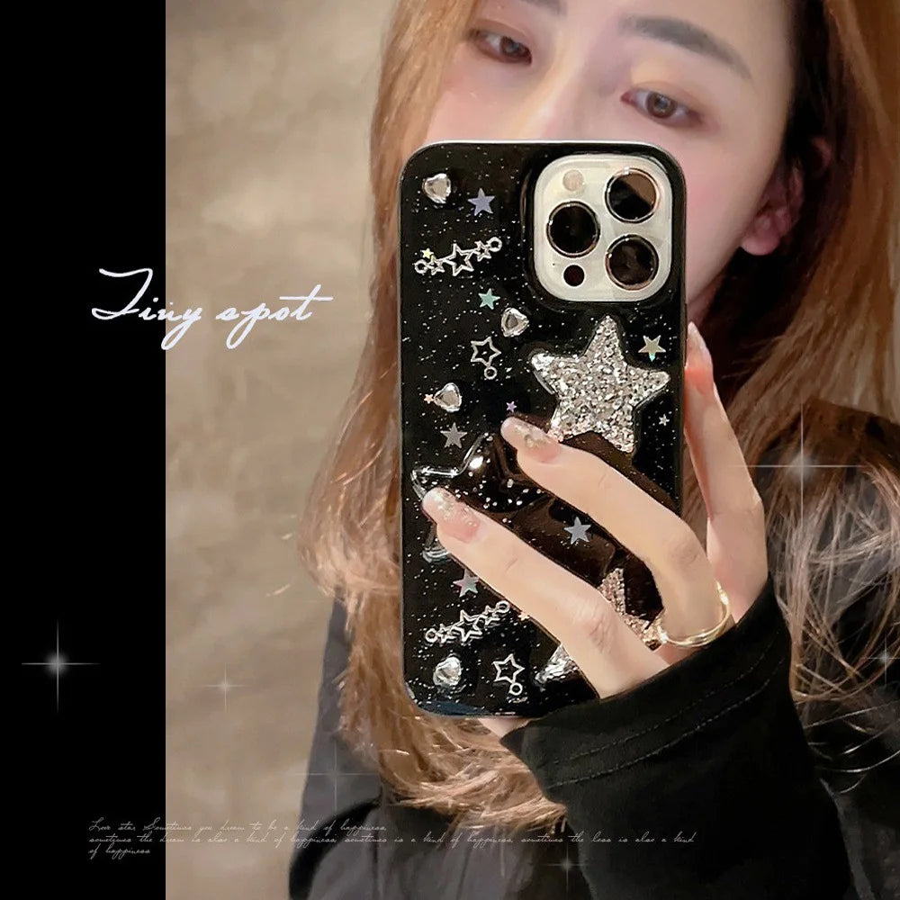 Black 3D Sparkling Pink Star Phone Case For Iphone 15 14 13 12 11 Pro Max X XR XSMAX 7 8 Plus SE TPU Case Cover New Products