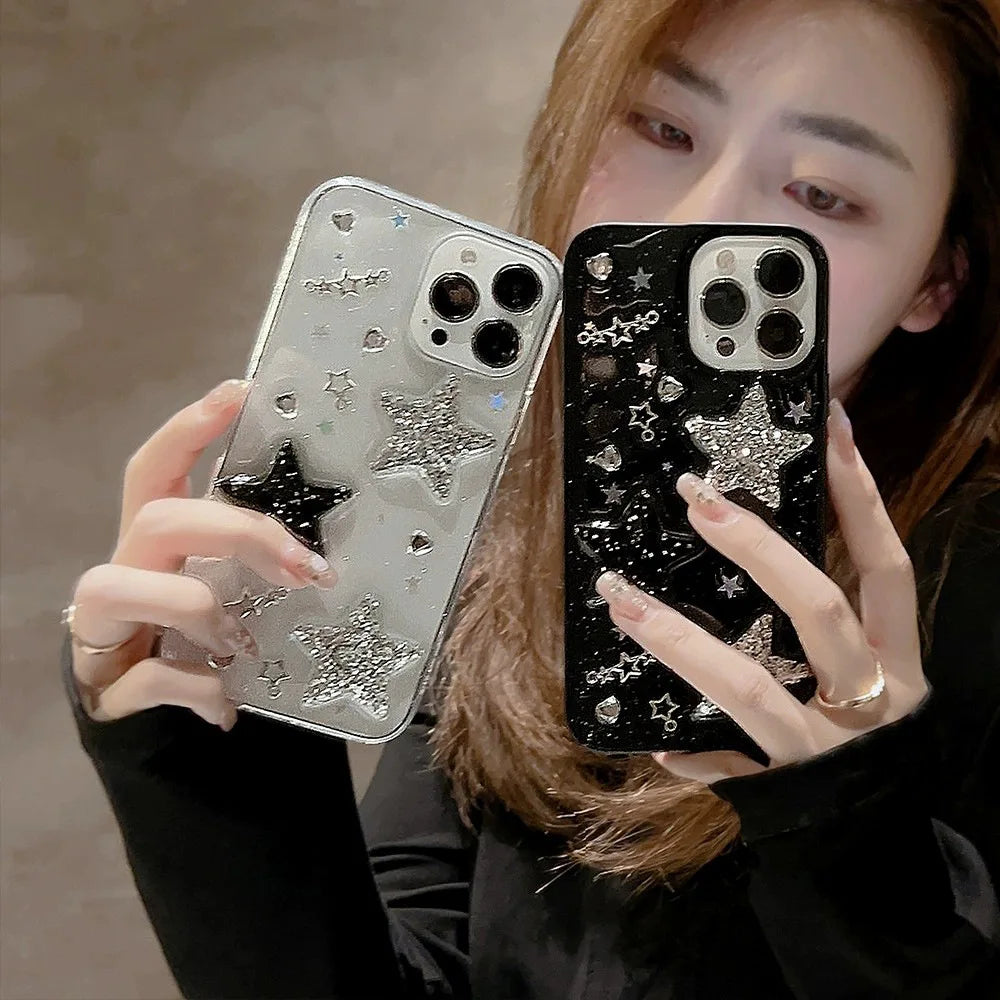 Black 3D Sparkling Pink Star Phone Case For Iphone 15 14 13 12 11 Pro Max X XR XSMAX 7 8 Plus SE TPU Case Cover New Products