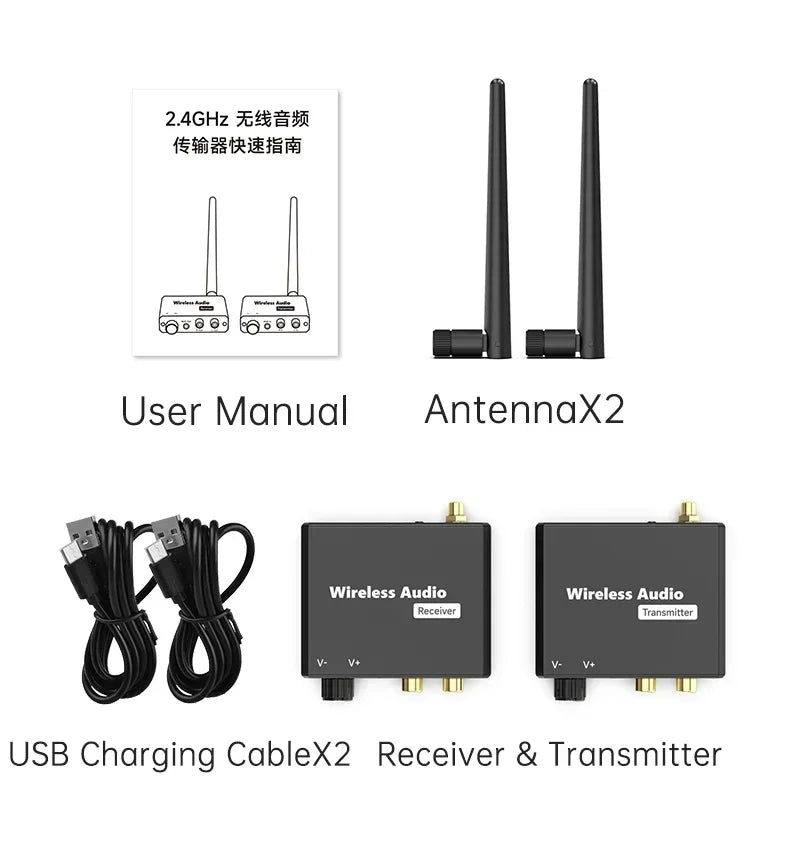 50M 2.4G Wireless Transmitter Receiver Digital to Audio Analog Converter with 3.5MM RCA Jack For Amplifier Speaker TV Box DVD PC