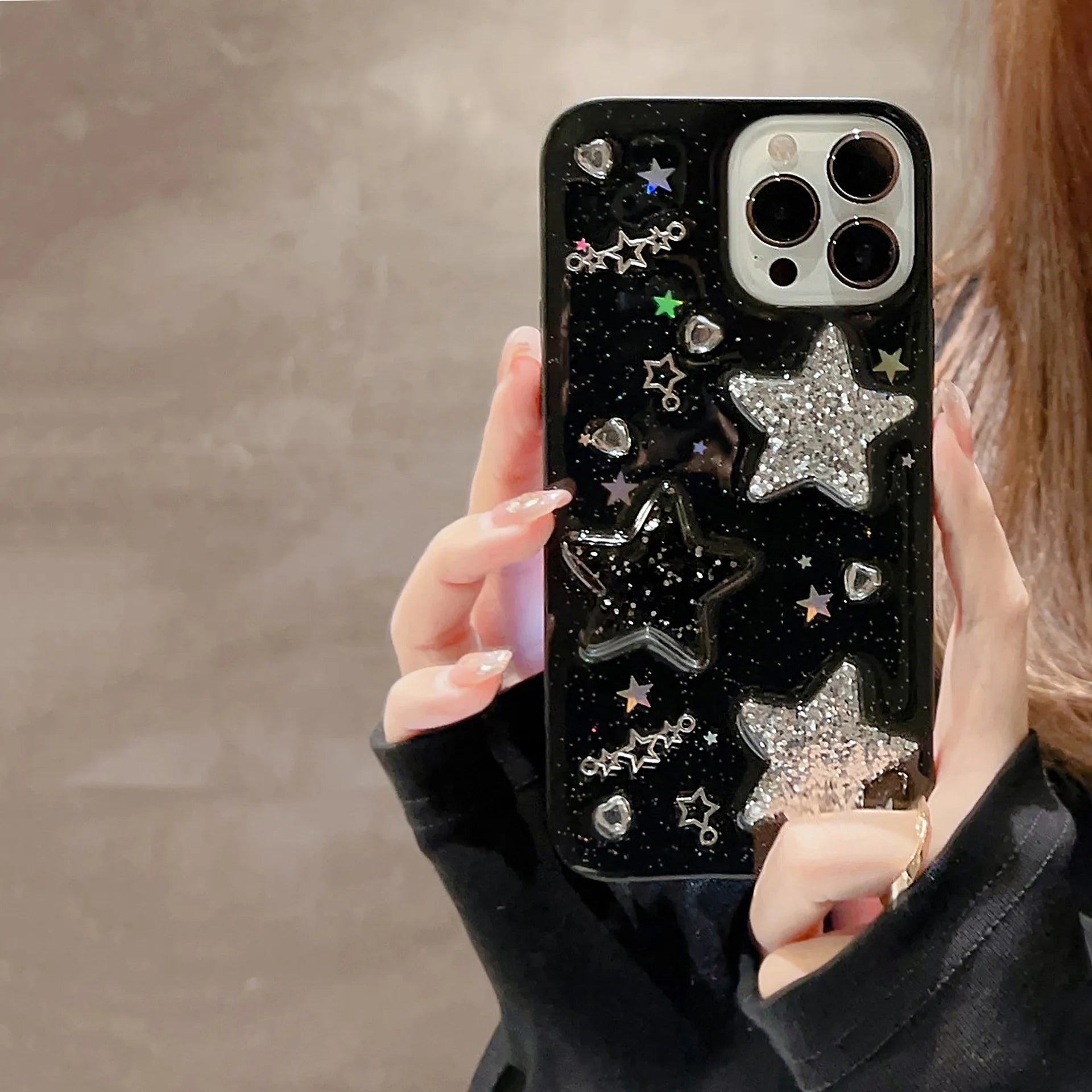 Black 3D Sparkling Pink Star Phone Case For Iphone 15 14 13 12 11 Pro Max X XR XSMAX 7 8 Plus SE TPU Case Cover New Products