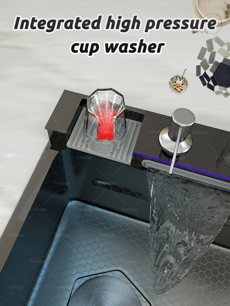 Stainless Steel Waterfall Kitchen Sink Embossed Single Bowl Digital Display Extra Large Multifunctional Washing Sinks 100x50cm