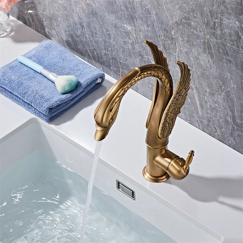 Tuqiu Antique Swan Bathroom Faucet Gold Brass Basin Faucet Mixer Tap Chrome Wash basin Faucet  Hot and Cold Waterfall Faucet
