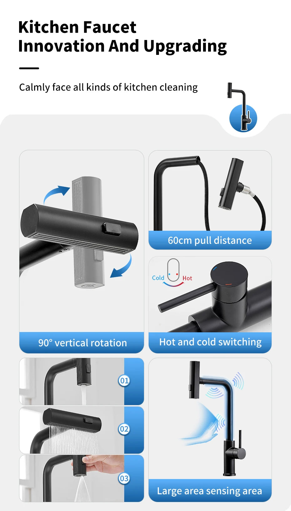 Touch Sense Kitchen Faucet 3 Mode Black Waterfall Crane Brushed Nickel Sensor Pull Out Hot Cold Mixer Gray Sink Water Tap 1668