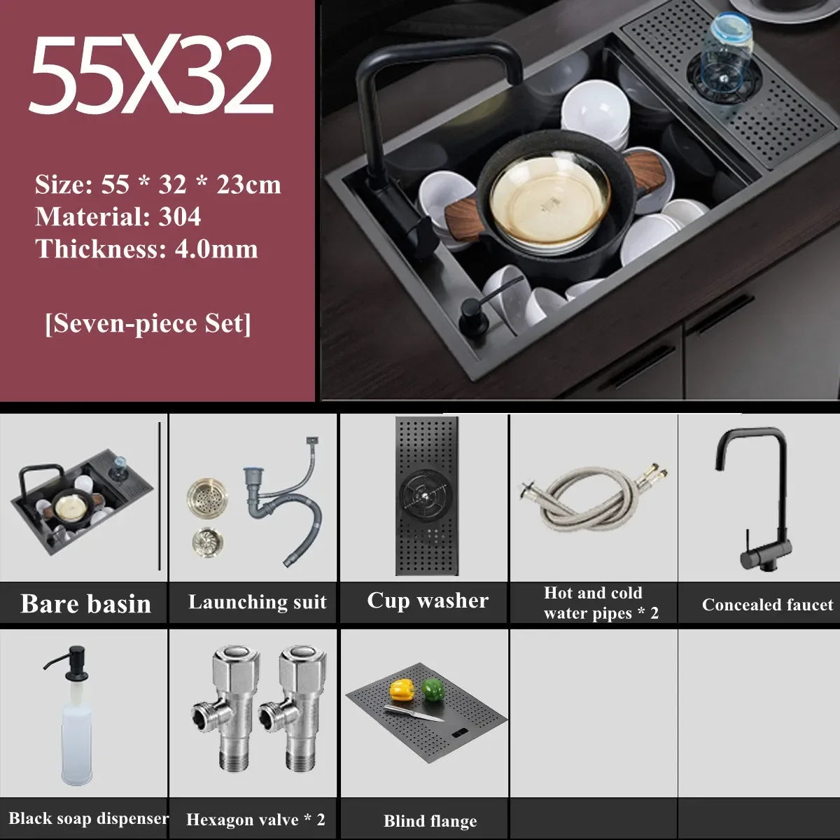 304 Stainless Steel Kitchen Sink Concealed Folding Faucet With Cup Washer Coffee Shop Milk Tea Bar 55cmx32cm Sink