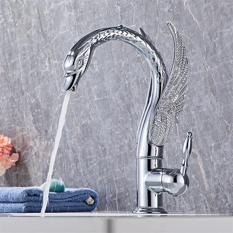 Tuqiu Antique Swan Bathroom Faucet Gold Brass Basin Faucet Mixer Tap Chrome Wash basin Faucet  Hot and Cold Waterfall Faucet