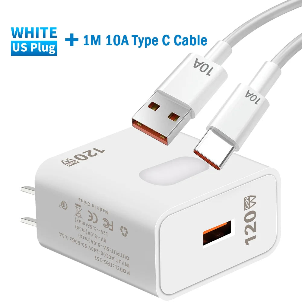 120W GaN USB C Charger QC3.0 Quick Charge Mobile Phones Charger Adaptor 10A Type C Cable For Xiaomi Samsung iPhone Fast Chargers