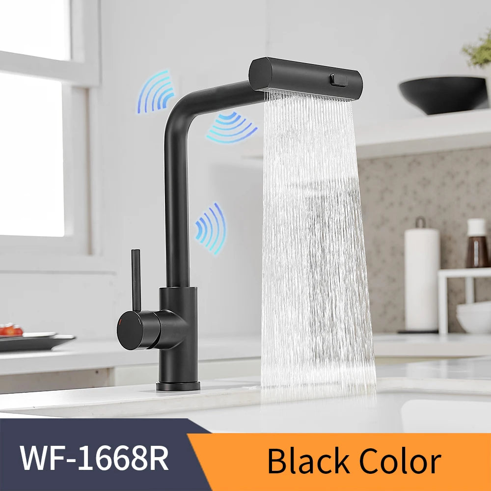 Touch Sense Kitchen Faucet 3 Mode Black Waterfall Crane Brushed Nickel Sensor Pull Out Hot Cold Mixer Gray Sink Water Tap 1668