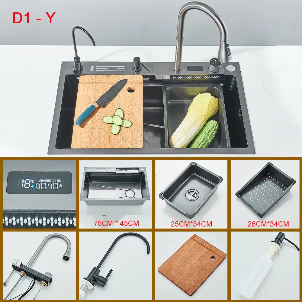 Gold Multifunctional Kitchen Waterfall Sink Digital Display Large Single Sink Dish Basin Sink 304 Stainless Steel
