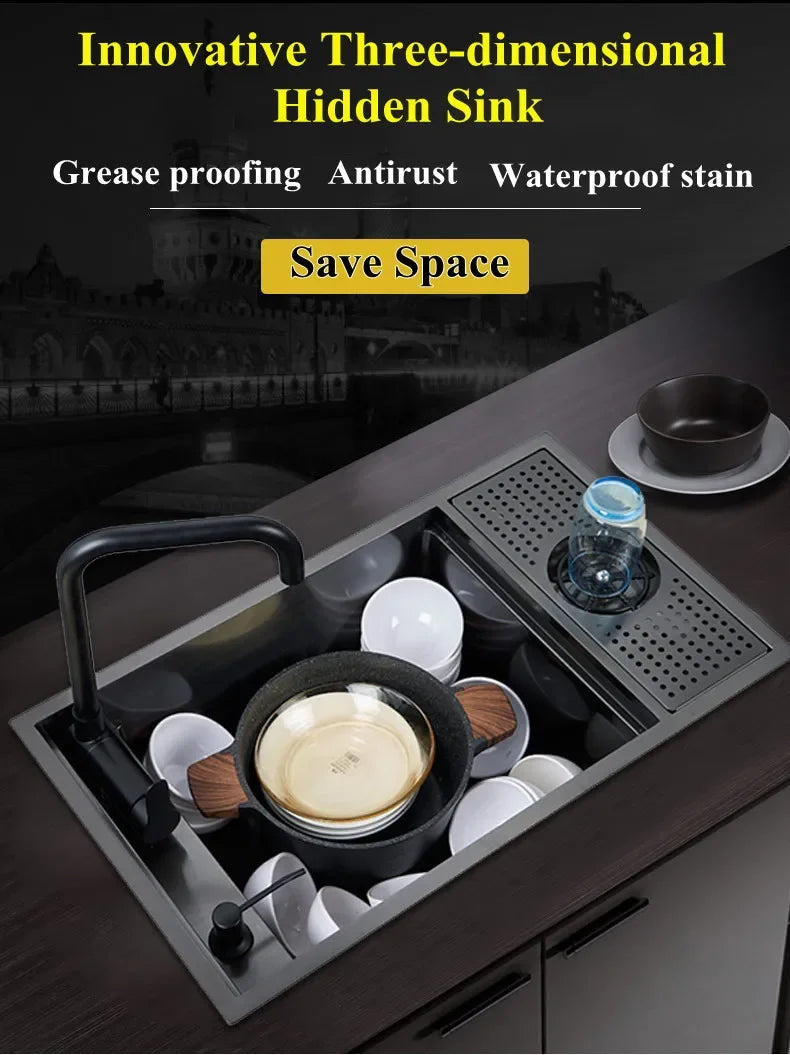 304 Stainless Steel Kitchen Sink Concealed Folding Faucet With Cup Washer Coffee Shop Milk Tea Bar 55cmx32cm Sink