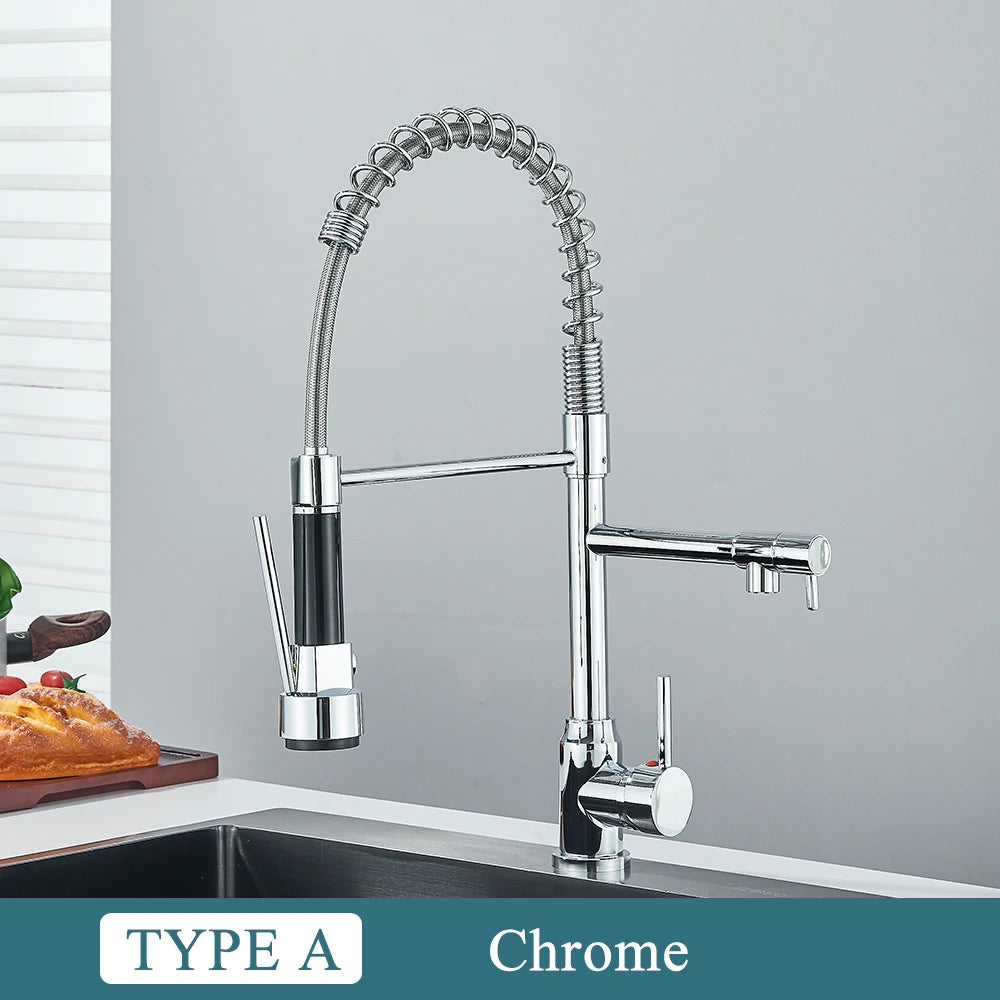 Chrome Brass Kitchen Sink Faucet Pull Down Hot and Cold Water Mixer 2 Mode Tap with Dual Spout 360 Rotation Flexible Deck Mount
