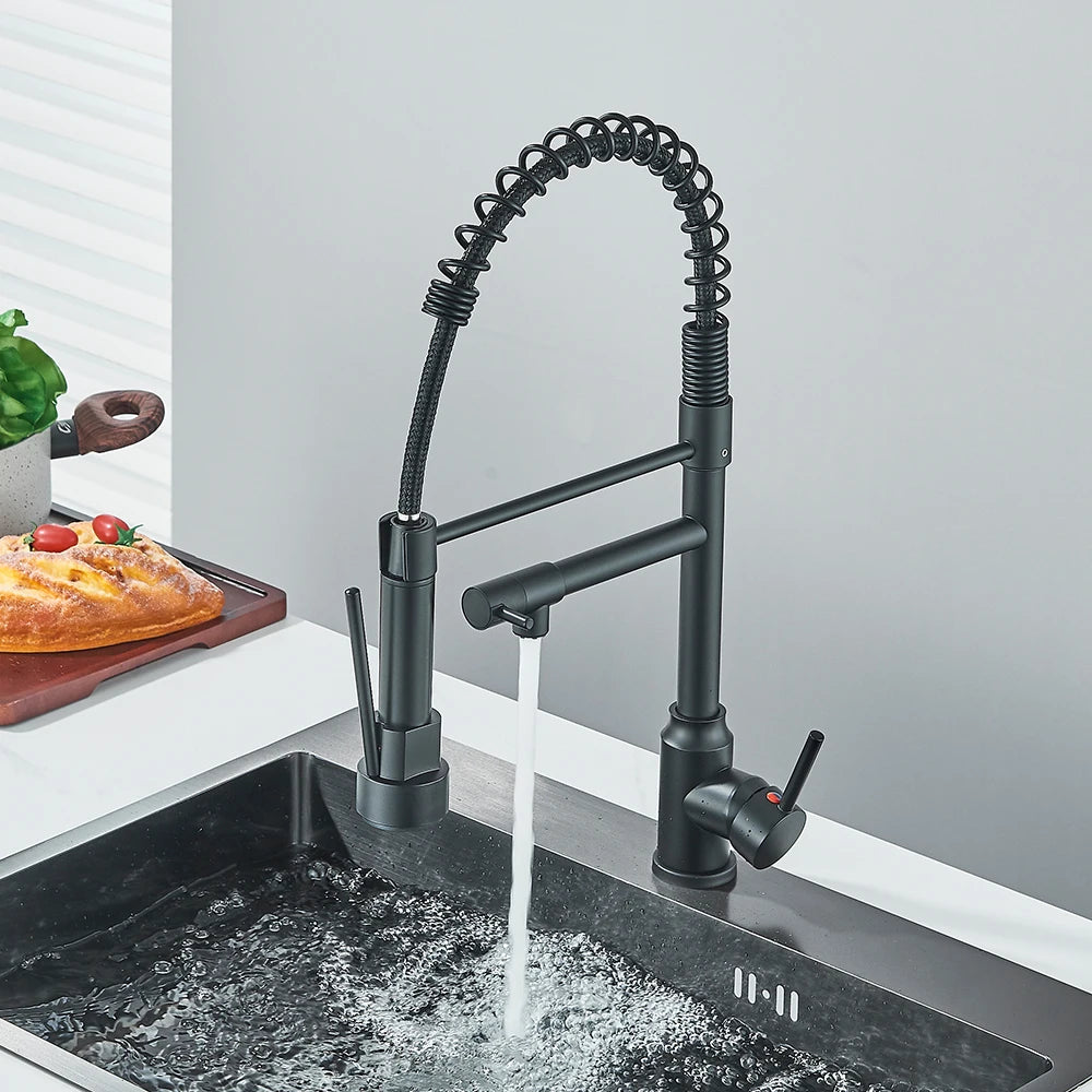 Chrome Brass Kitchen Sink Faucet Pull Down Hot and Cold Water Mixer 2 Mode Tap with Dual Spout 360 Rotation Flexible Deck Mount