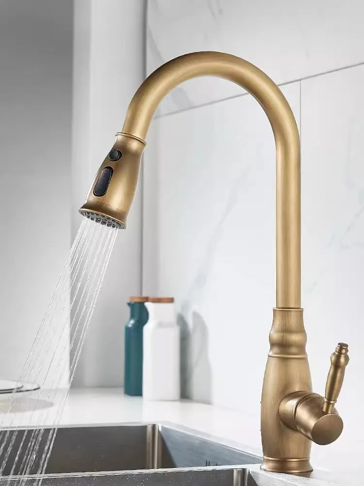 Tuqiu Kitchen Faucets Antique Sink Faucets Brass Sink Tap Pull Out Rotate Spout Mixers Tap Hot Cold Water Crane