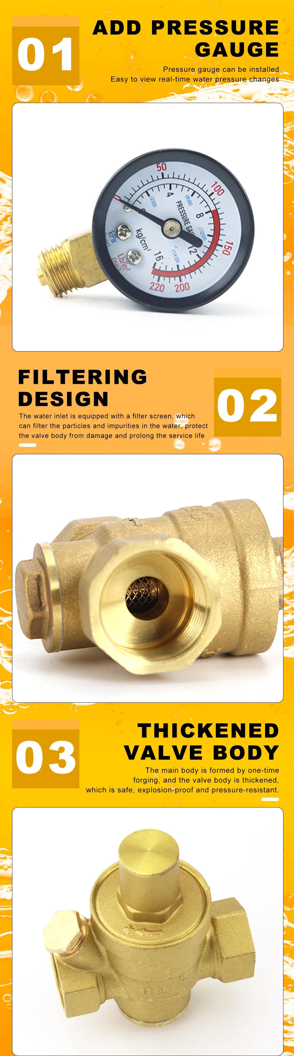 1/2" 3/4" 16bar Brass Water Pressure Regulator Reducer DN15 DN20 With Gauge Meter for Hydraulic Instability/Purifier
