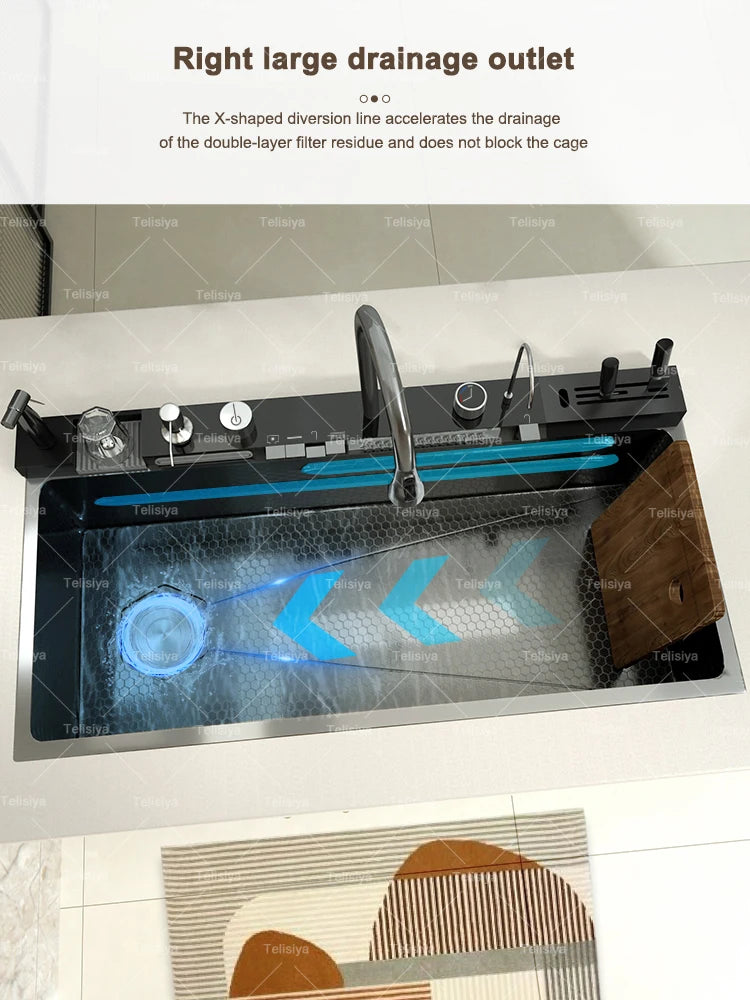 Stainless Steel Waterfall Kitchen Sink Embossed Single Bowl Digital Display Extra Large Multifunctional Washing Sinks 100x50cm