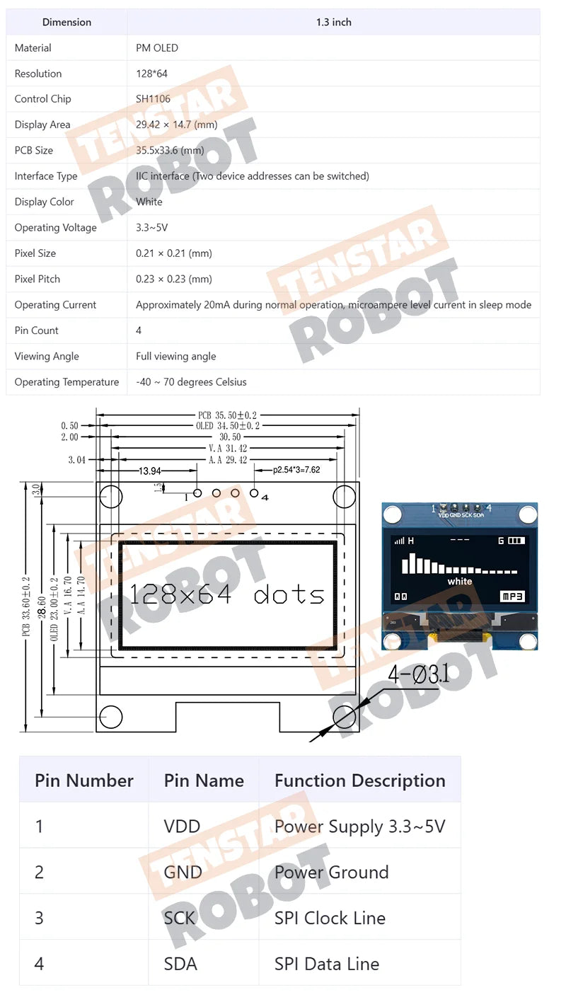 TENSTAR ROBOT 1.3" OLED Display Module White Blue Color Drive Chip SH1106 128X64 1.3 Inch LCD IIC I2C Communicate