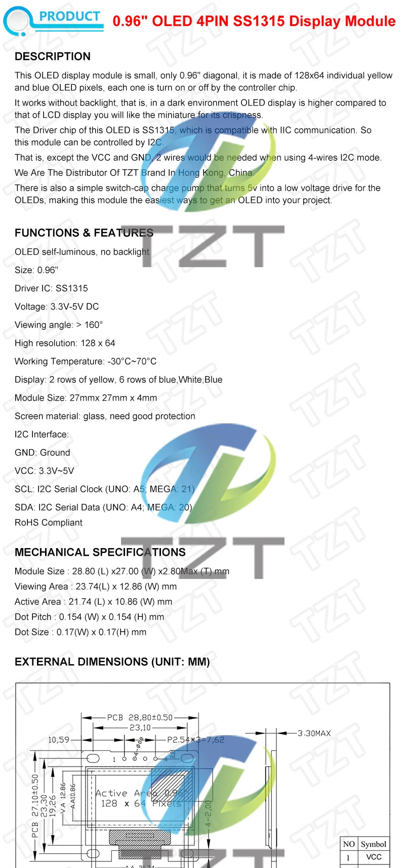 TZT ROHS Certification 0.96 inch oled IIC Serial White OLED Display Module 128X64 I2C SSD1306 12864 LCD Screen Board For Arduino