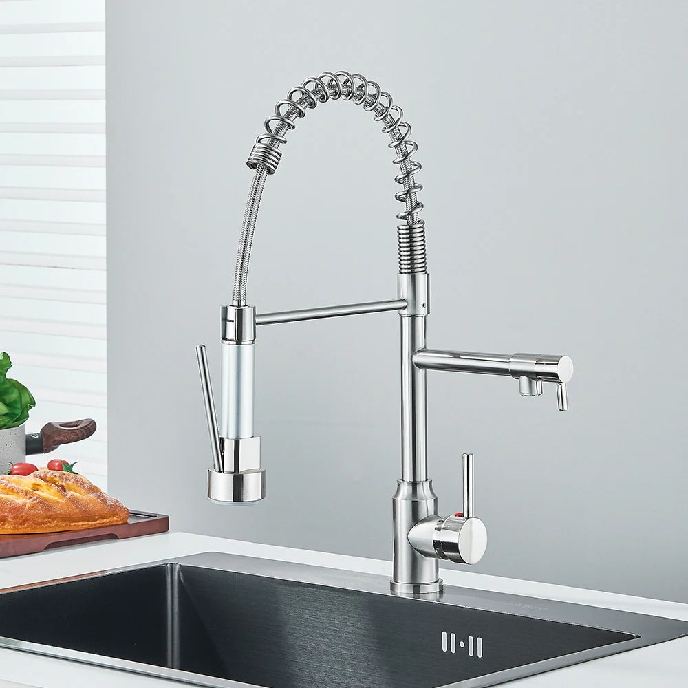 Chrome Brass Kitchen Sink Faucet Pull Down Hot and Cold Water Mixer 2 Mode Tap with Dual Spout 360 Rotation Flexible Deck Mount
