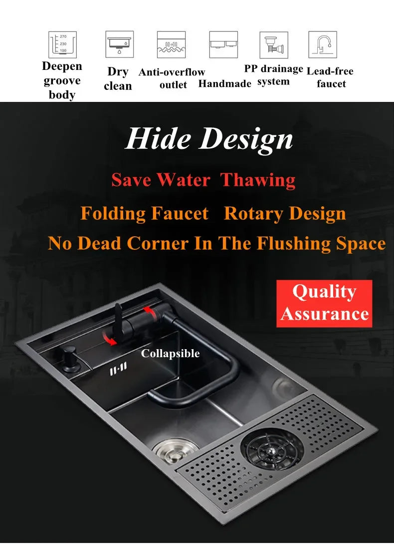 304 Stainless Steel Kitchen Sink Concealed Folding Faucet With Cup Washer Coffee Shop Milk Tea Bar 55cmx32cm Sink