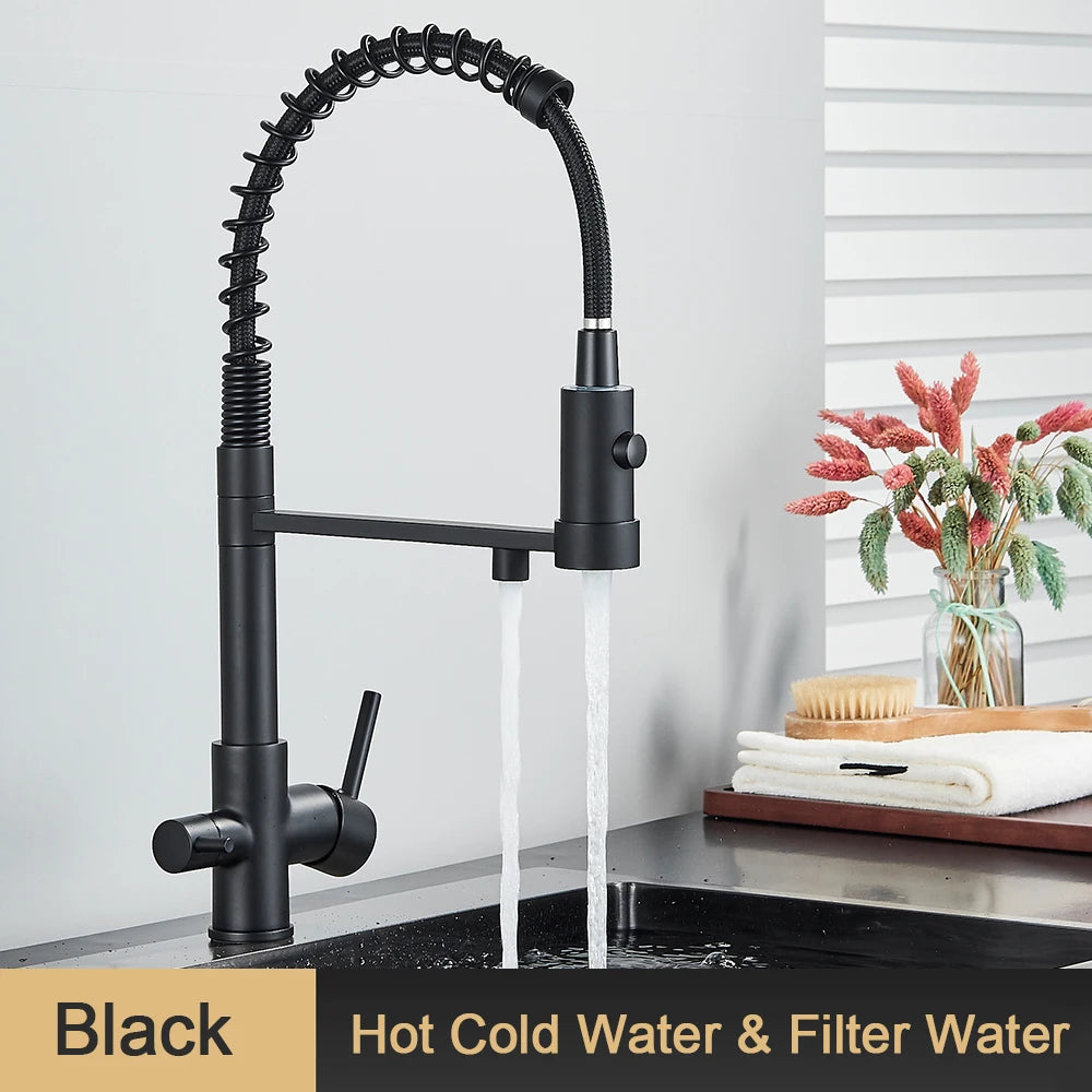 rozin Pull Down Filter Kitchen Faucet Black 3 Way Drinking Pure Water Faucets Brass 360° Flexible Purification Water Mixer Tap