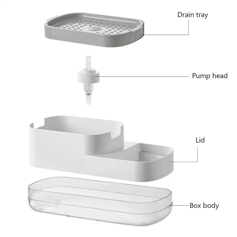 2 In 1 Kitchen Soap Dispenser Liquid Soap Pump Container with Sponge Holder Sink Drain Tray Manual Soap Dispenser