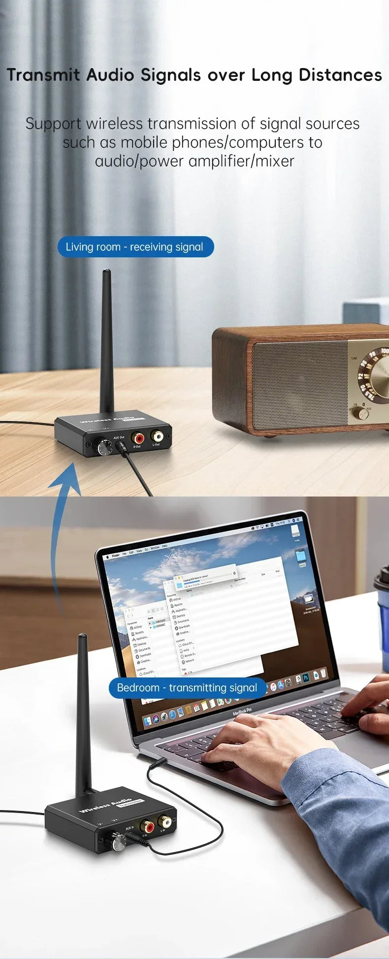 50M 2.4G Wireless Transmitter Receiver Digital to Audio Analog Converter with 3.5MM RCA Jack For Amplifier Speaker TV Box DVD PC