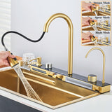Gold Multifunctional Kitchen Waterfall Sink Digital Display Large Single Sink Dish Basin Sink 304 Stainless Steel
