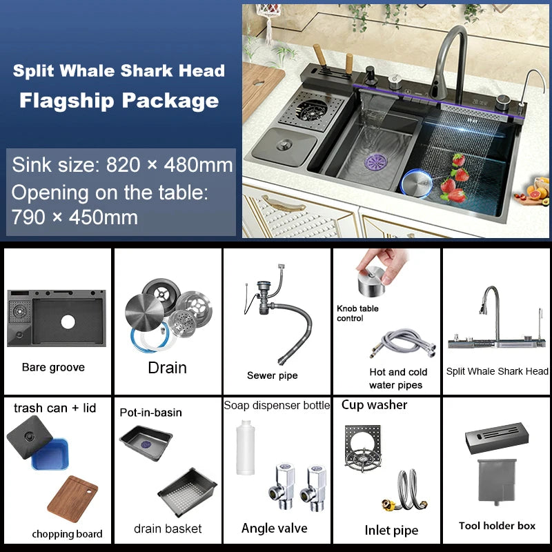 Stainless Steel Waterfall Kitchen Sink Embossed Single Bowl Digital Display Extra Large Multifunctional Washing Sinks 100x50cm