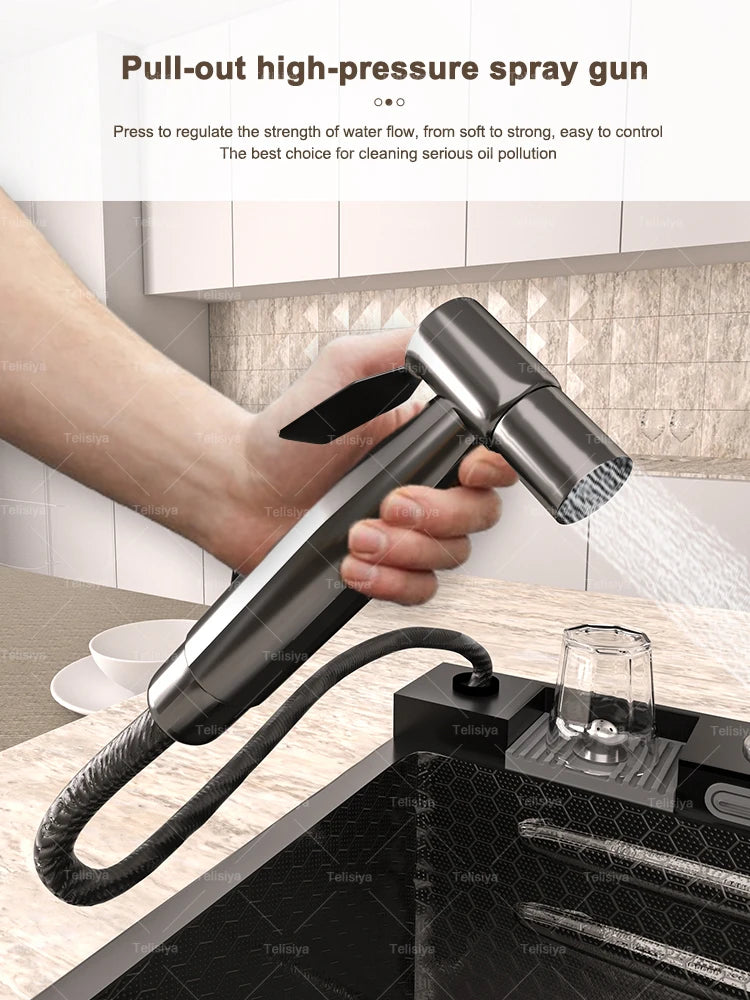 Stainless Steel Waterfall Kitchen Sink Embossed Single Bowl Digital Display Extra Large Multifunctional Washing Sinks 100x50cm