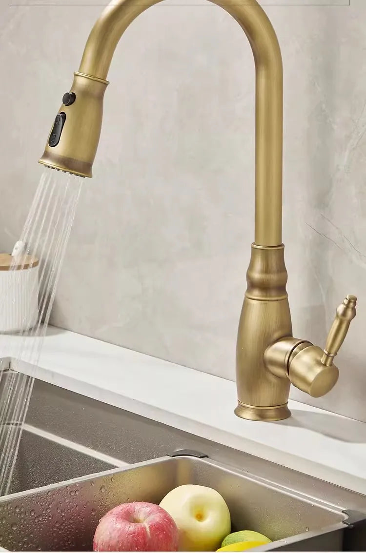 Tuqiu Kitchen Faucets Antique Sink Faucets Brass Sink Tap Pull Out Rotate Spout Mixers Tap Hot Cold Water Crane